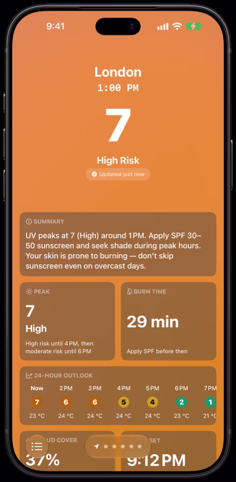 Sunwise on iPhone: Burn time